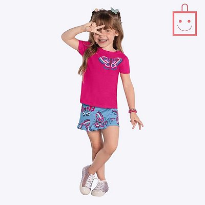Conjunto Blusa em Cropped e Shorts Saia em Malha Borboleta Infantil Menina Kyly  1000475