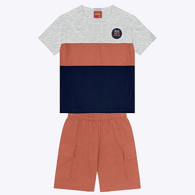 Conjunto Camiseta Manga Curta Recorte e Bermuda Moletom Flamê Infantil Menino Kyly 1000471