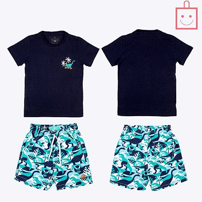 Conjunto Camiseta Manga Curta e Bermuda Microfibra Dinossauro Infantil Menino Banana Danger 50203