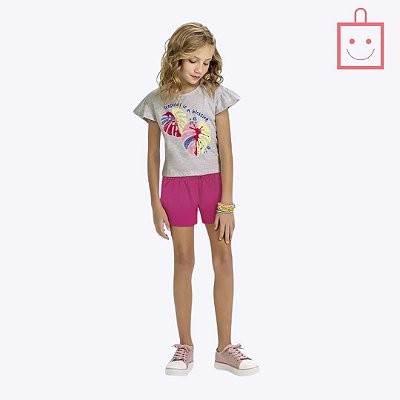 Conjunto Blusa Manga Curta e Short Liso Infantil Menina Kyly 1000564