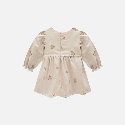 Vestido Manga Longa Em Linho Bordado Flores Bebê Menina Infanti 79370 Bege