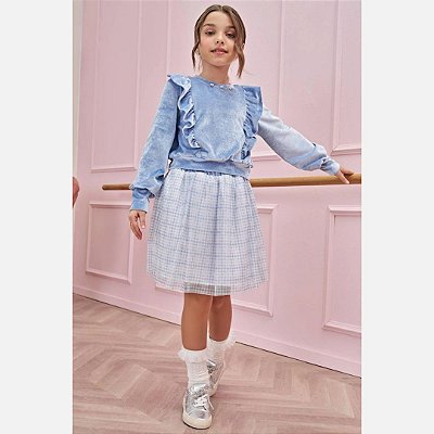 Conjunto Blusa Manga Longa Veludo Azul  e Saia em Tule com Shorts Embutido Infantil Menina Infanti 79780