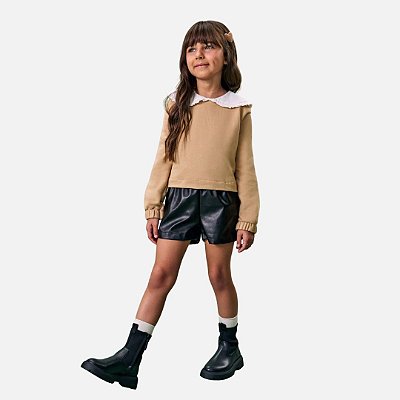 Conjunto Blusão Boxy Em Moletom Sem Pelúcia  E Shorts Em Couro Sintético Infantil Menina Infanti 80899 Bege