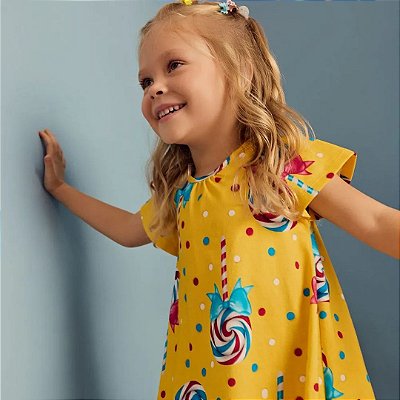 Vestido Manga Curta Estampa Pirulito Infantil Menina Kyly P1001001 Amarelo