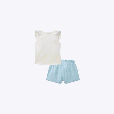 Conjunto De Blusa Boxy Canelada E Shorts Em Linho Bordado Flores Infantil Menina Infanti 84320 Azul