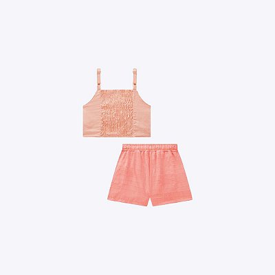 Conjunto Blusa Cropped Em Viscolinho E Shorts Em Tecido Grid Chenille Juvenil Menina Vic&Vicky  83711 Coral