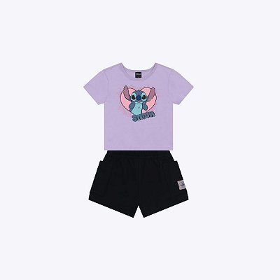 Conjunto Blusa Manga Curta Stitch E Shorts Moletinho Infantil Menina Brandili 26927 Natural