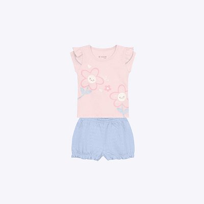 Conjunto Blusa Manga Curta E Shorts Bebê Menina Brandili 26833 Rosa Claro