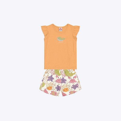 Conjunto Blusa Manga Curta E Shorts Estampado Infantil Menina Brandili 26584 Natural