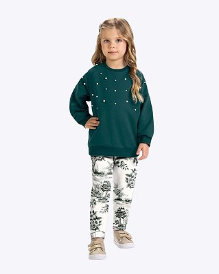 Conjunto Casaco Moletom com Perólas e Calça Floral Infantil Feminino Milon 2001507
