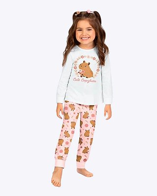 Pijama Manga Longa Capivara Brilha no Escuro Infantil Feminino Kyly 1001638
