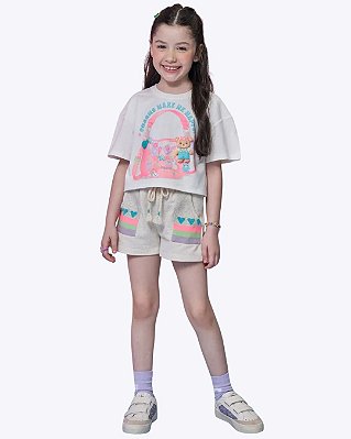 Conjunto de Blusa em Meia Malha e Shorts em Moletom Linho sem Pelúcia Infanti Infantil Feminino 96365