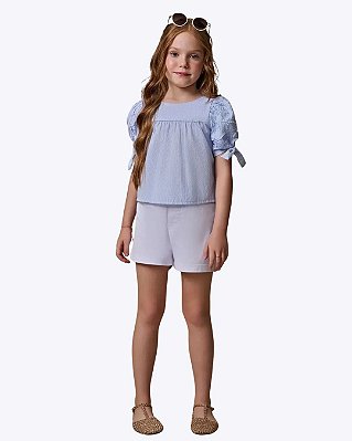 Conjunto Blusa Bata  em Tricoline Listrado e Shorts em Sarja com Elastano Infantil Feminino Infanti 97081