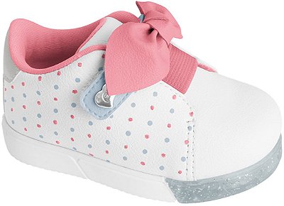 Tênis Bebe Feminino Branco e Pink Poá Fechamento em Velcro e Elastico Pampili 471003