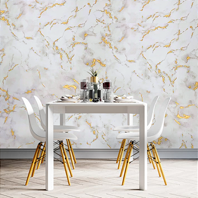 Papel de Parede Mármore Bege Claro com Dourado Rolo com 10 Metros