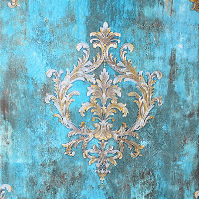 Papel de Parede Arabesco Azul Turquesa e Dourado Rolo com 10 Metros