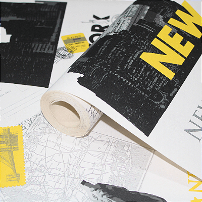 Papel de Parede New York Branco, Preto e Amarelo Rolo com 10 Metros
