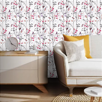 Papel de Parede Floral Branco e Rosa Rolo com 10 Metros