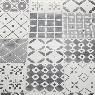 Papel de Parede Azulejo Português Branco e Cinza Rolo com 10 Metros