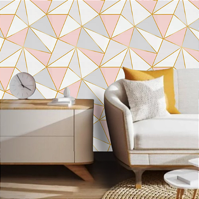 Papel Adesivo Geométrico Rosa Branco e Dourado Rolo com 10 Metros