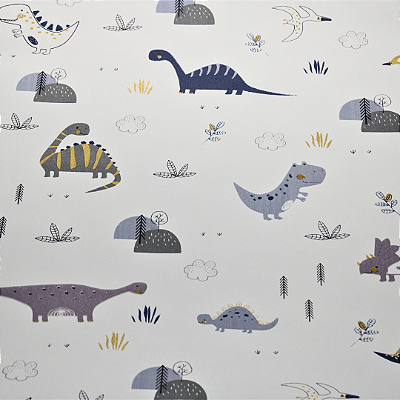 Papel de Parede Infantil de Dinossauros Off White Rolo com 10 Metros