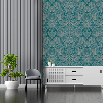 Papel de Parede Texturizado Pavão Verde com Prata Rolo com 10 Metros