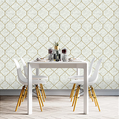 Papel de Parede Geométrico Tons de Creme e Dourado Rolo com 10 Metros