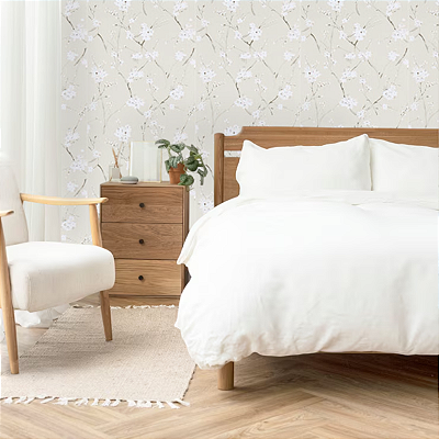 Papel de Parede Floral em Tons de Bege e Branco Rolo com 10 Metros