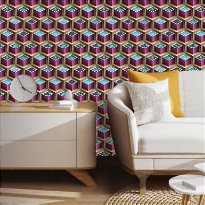 Papel de Parede Geométrico 3D Tons de Rosa e Azul Rolo com 10 Metros