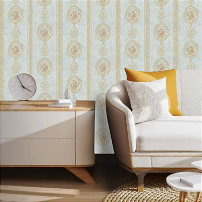 Papel de Parede Floral com Listras Azul Claro Rolo com 10 Metros