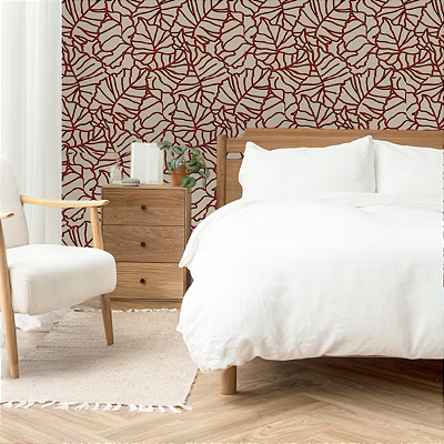 Papel de Parede Folhagens Tons Vermelho e Dourado Rolo com 10 Metros