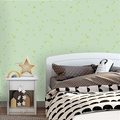 Papel de Parede Estrelado com Fundo Verde Rolo com 10 Metros