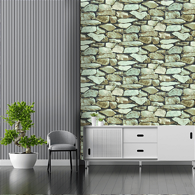 Papel de Parede Pedras em Tons de Verde Rolo com 10 Metros