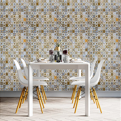 Papel de Parede Azulejo Português Azul e Dourado Rolo com 10 Metros