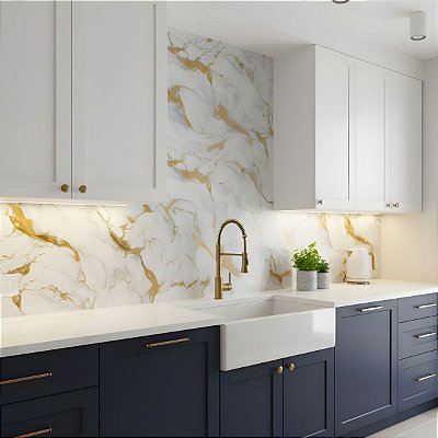 Papel de Parede Adesivo Mármore Dourado Fundo Azulado Vinílico Impermeável 5MX45CM