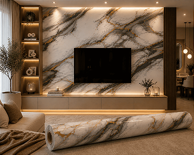 Placa Revestimento Papel de Parede Mármore Preto e Dourado Adesivo 3D Impermeável 120x260