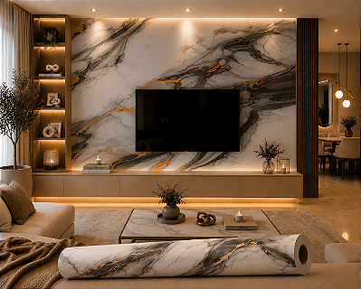 Placa Revestimento Papel de Parede Adesivo Mármore Preto e Cinza Adesivo 3D 120x260cm