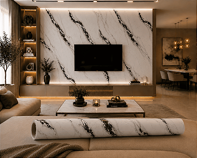 Placa Revestimento Papel de Parede Adesivo Mármore Preto e Branco Adesivo 3D 120x260cm