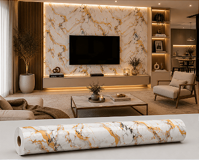 Placa Revestimento Papel de Parede Adesivo Mármore Dourado e Cinza Adesivo 3D 120x260cm