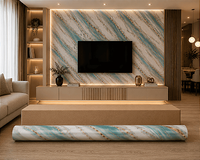 Placa Revestimento Papel de Parede Adesivo Mármore Verde e Dourado Adesivo 3D 120x260cm