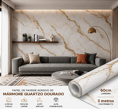 Placa Revestimento Papel de Parede Adesivo 60CMx3M Mármore Quartzo Dourado Adesivo 3D
