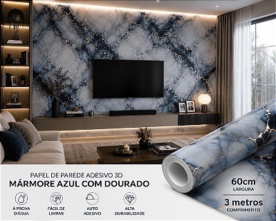 Placa Revestimento Papel de Parede Adesivo 60CMx3M Mármore Azul Ocean Adesivo 3D