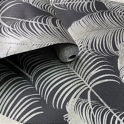 Papel de Parede Importado Folhagem Tropical Preto e Prata 53cm x 10m