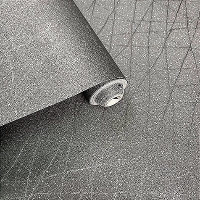 Papel de Parede Importado Grafite com Linhas Prata Moderno 53cm x 10m