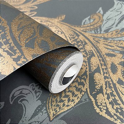 Papel de Parede Importado Arabesco Azul Petróleo e Cobre 53cm x 10m