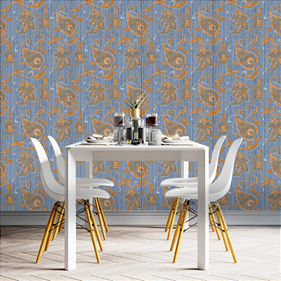 Papel de Parede Vinílico Floral Azul e Laranja