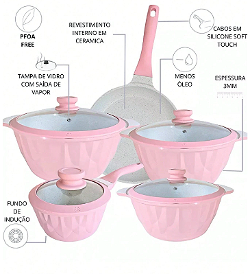 Conjunto de Panela de Cerâmica Antiaderente Premium, 5 Peças cor Rosa Claro e Bege Claro