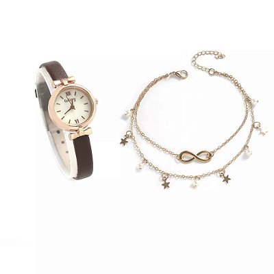 Relógio Feminino Dourado Pulseira Marrom Pequeno Kit Jóia