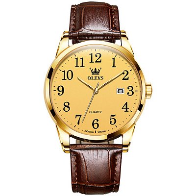 Relógio Masculino Casual Dourado Olevs Pulseira De Couro