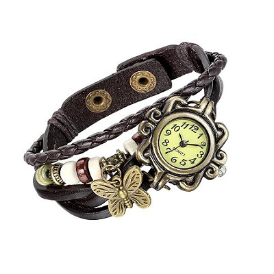 Relogio Feminino Dourado Pulseira De Couro Bracelete Vintage